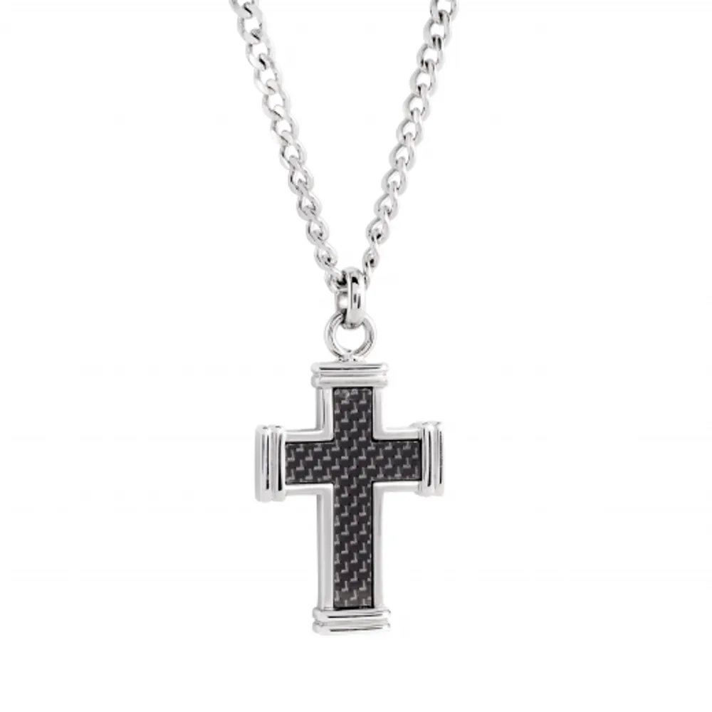Stainless Steel Black Carbon Fibre Cross Necklace