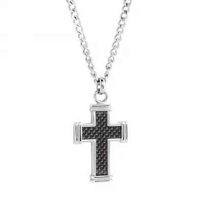 Stainless Steel Black Carbon Fibre Cross Necklace