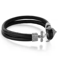 Stainless Steel Anchor Black Leather 8.2" Bracelet