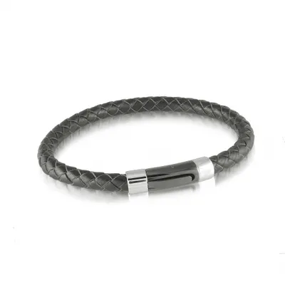 Stainless Steel Push Clasp Black Leather Bracelet