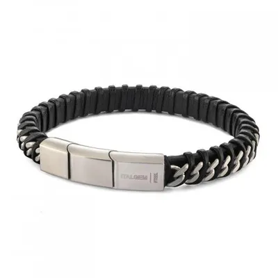 Stainless Steel Curb Link Black Leather 8.5" Bracelet