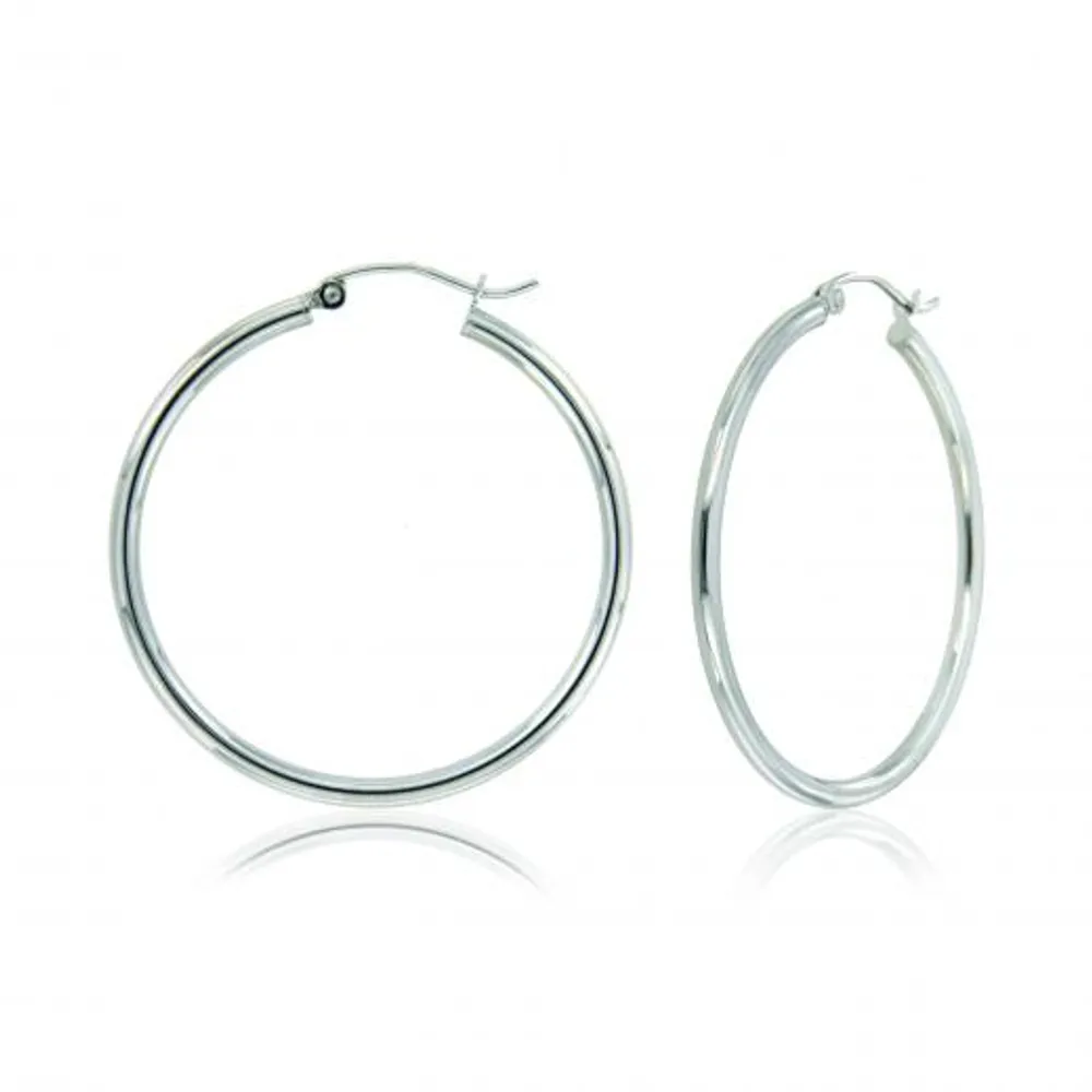 10K White Gold 2X30mm Polished Hoop Earrings