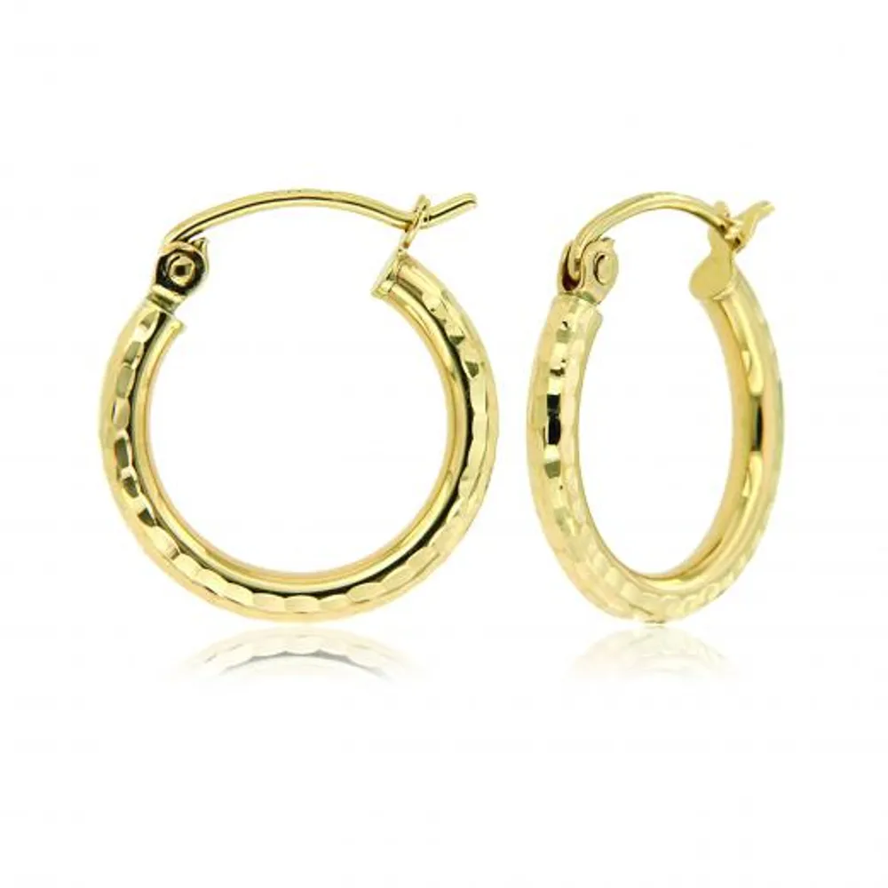 10K Yellow Gold 2X10mm Diamond Cut Hoop Earrings