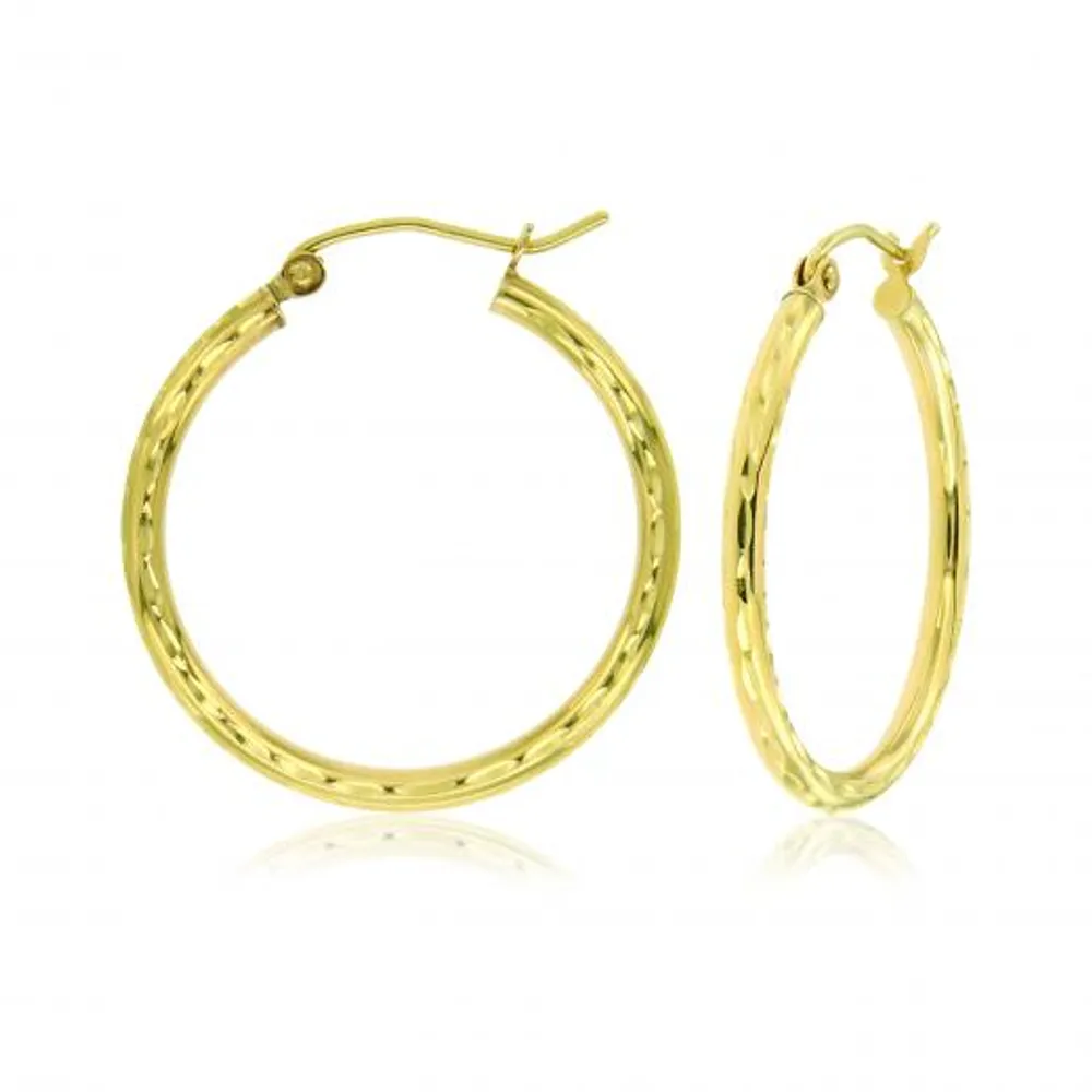 10K Yellow Gold 2x20mm Diamond Cut Hoop Earrings