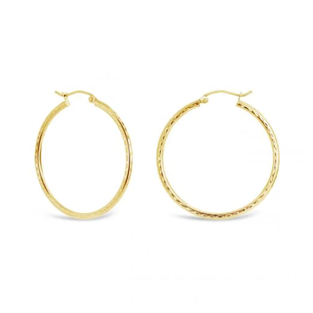 10K Yellow Gold 2x30mm Diamond Cut Hoop Earrings