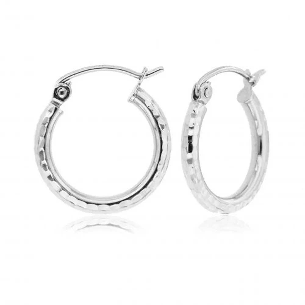 10K White Gold 2X10mm Diamond Cut Hoop Earrings