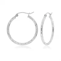 10K White Gold 2X20mm Diamond Cut Hoop Earrings