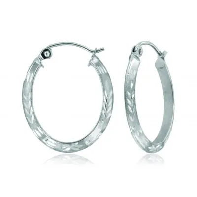 10K White Gold Diamond Cut Oval Hoop Earrings