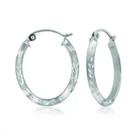 10K White Gold Diamond Cut Oval Hoop Earrings