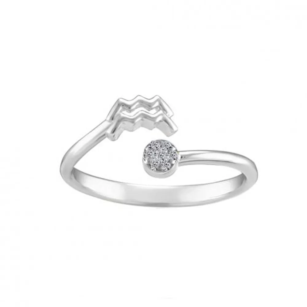 Sterling Silver Diamond Aquarius Zodiac Ring - Size 6