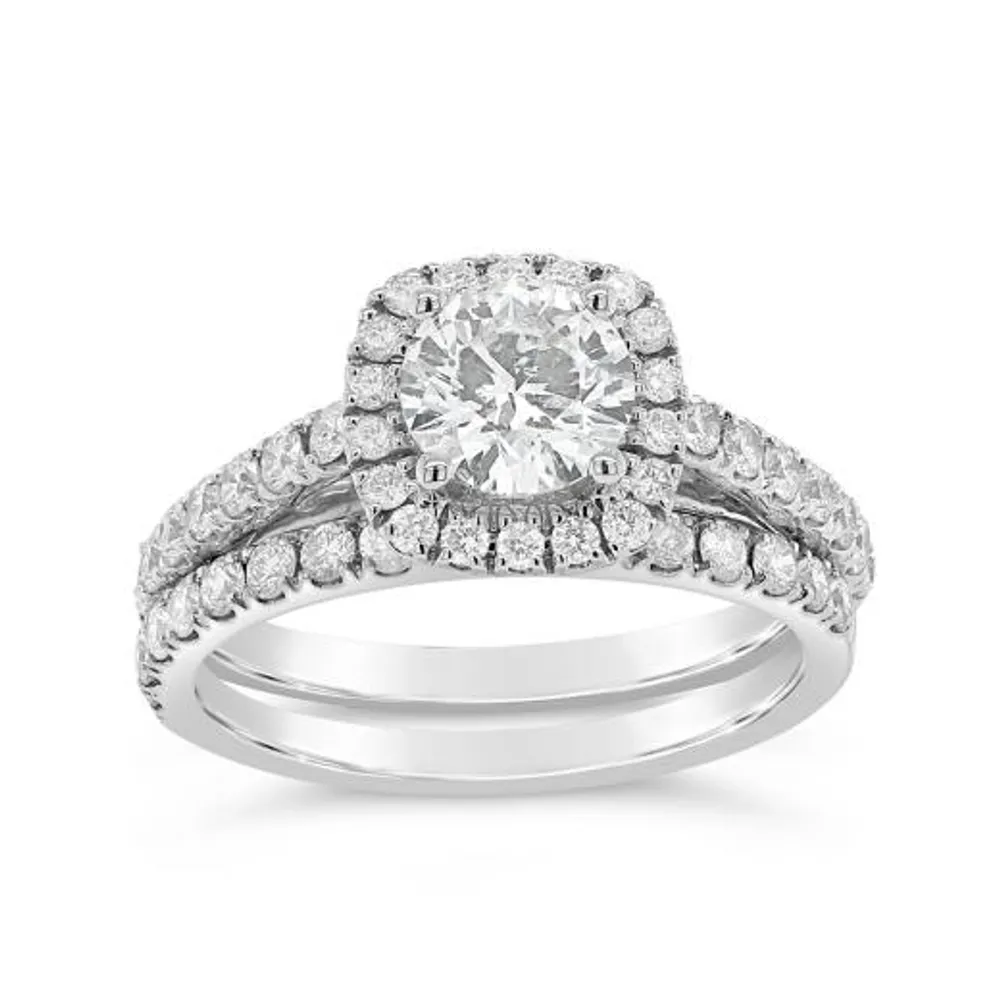 14K White Gold Lab Grown Cushion Halo 2.00CTW Diamond Bridal Set