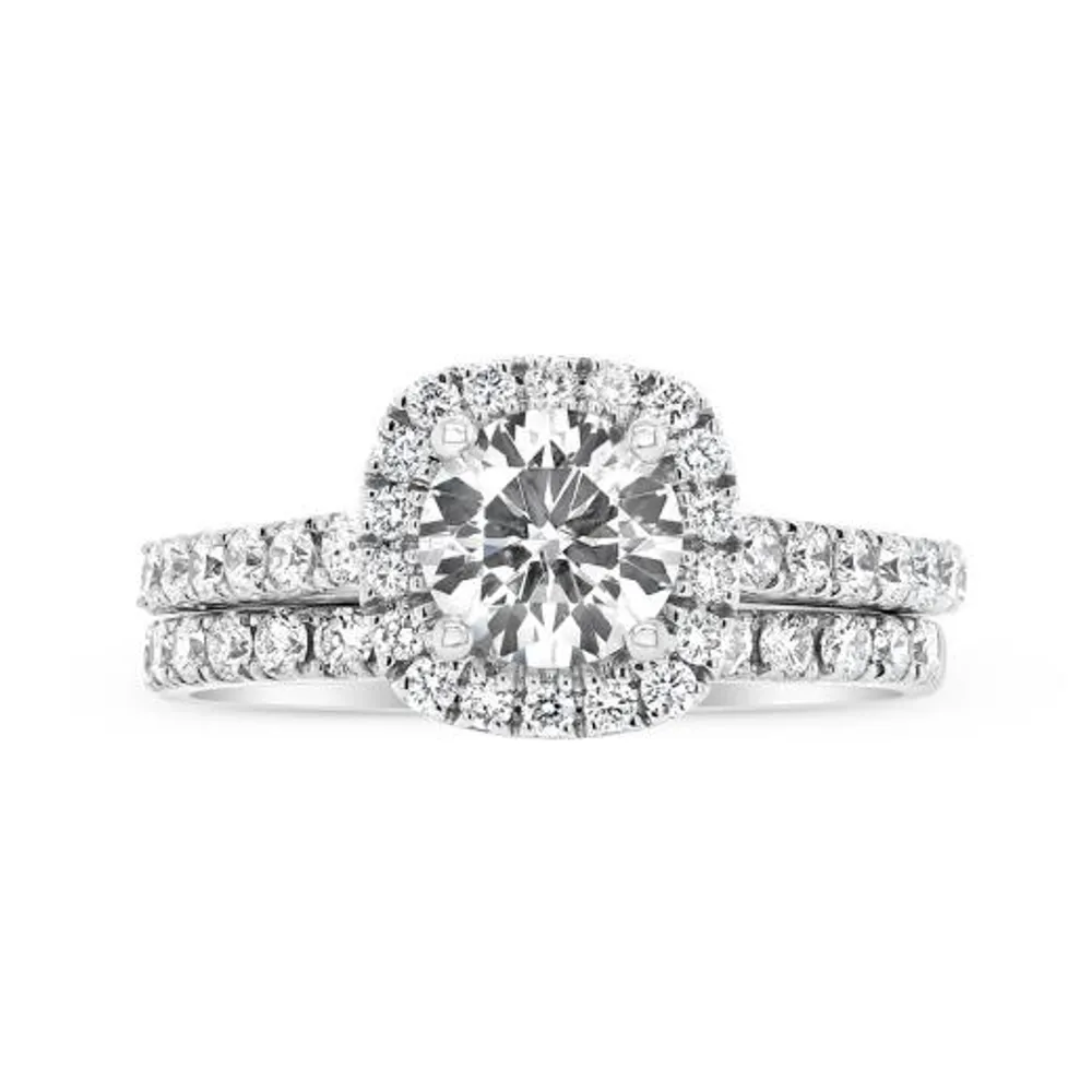 14K White Gold Lab Grown Cushion Halo 2.00CTW Diamond Bridal Set