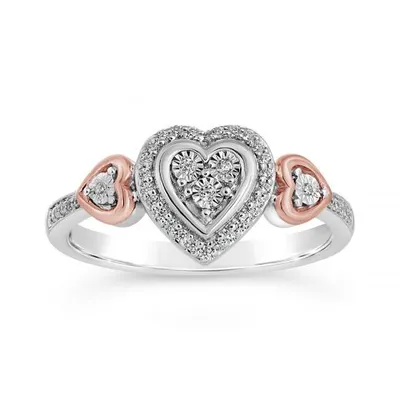 Sterling Silver & 10K Rose Gold Heart 0.11CTW Diamond Ring