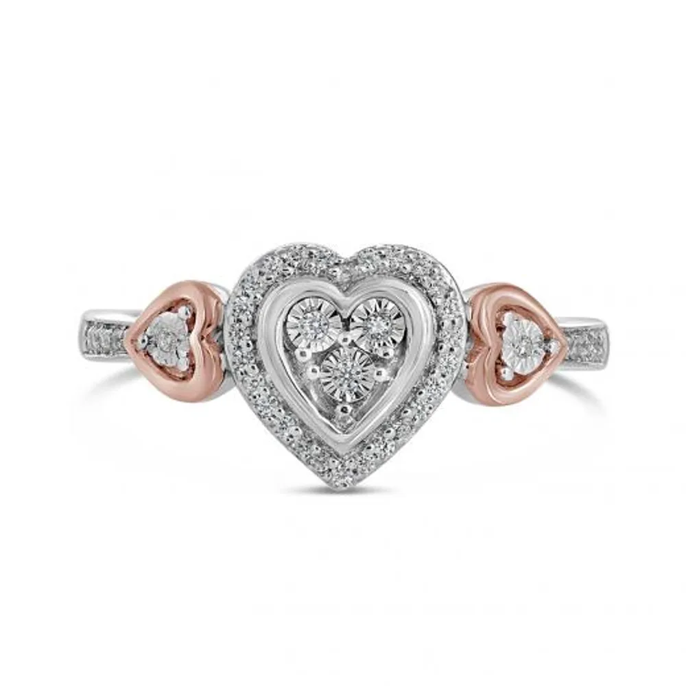 Sterling Silver & 10K Rose Gold Heart 0.11CTW Diamond Ring