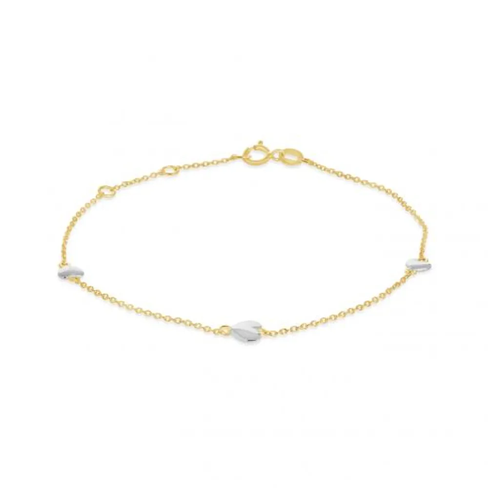 10K Yellow and White Gold 10" 3 Stations Heart Anklets