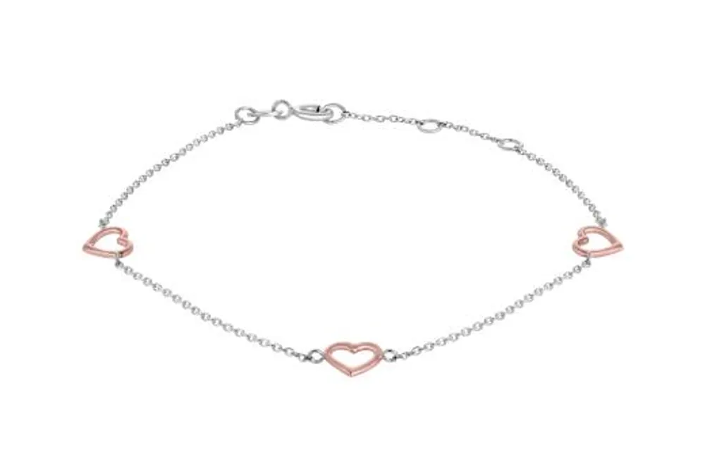 10K Rose and White Gold 7.5" 3 Stations Open Heart Bracelet