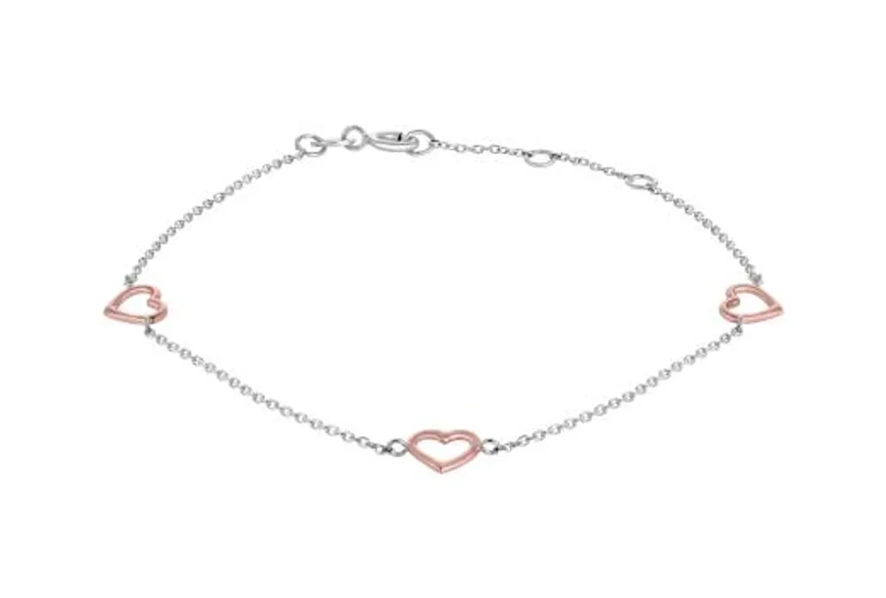 10K Rose and White Gold 10" 3 Stations Open Heart Ankle Bracelet