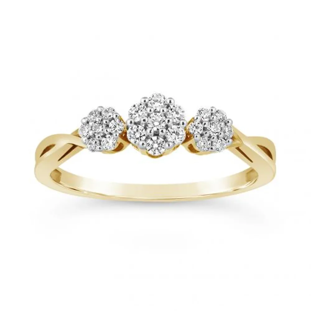 10K Yellow Gold 0.25CTW Diamond Three Cluster Ring