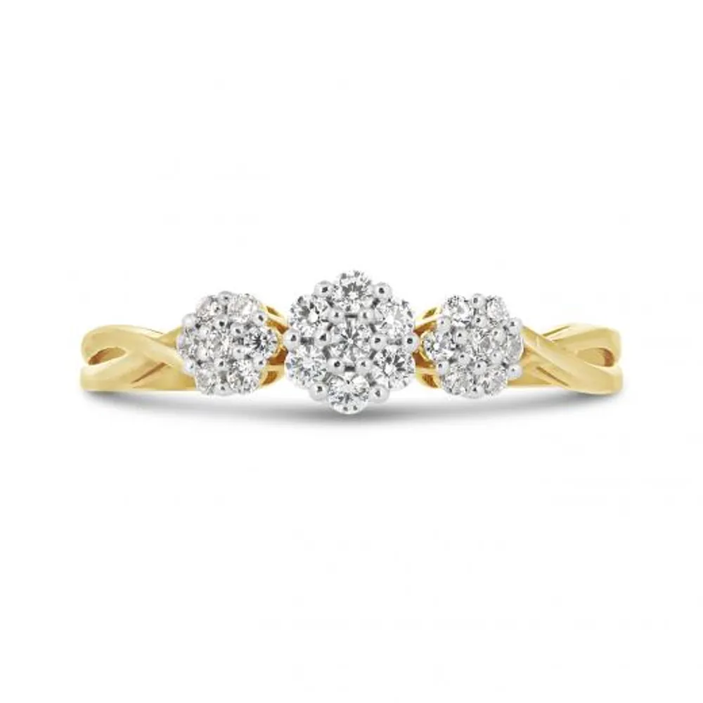 10K Yellow Gold 0.25CTW Diamond Three Cluster Ring