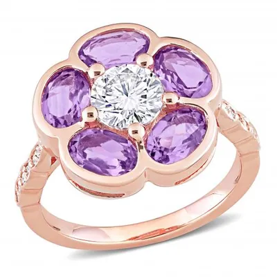 Julianna B Rose Plated Sterling Silver Amethyst 0.06CTW Diamond White Topaz Ring