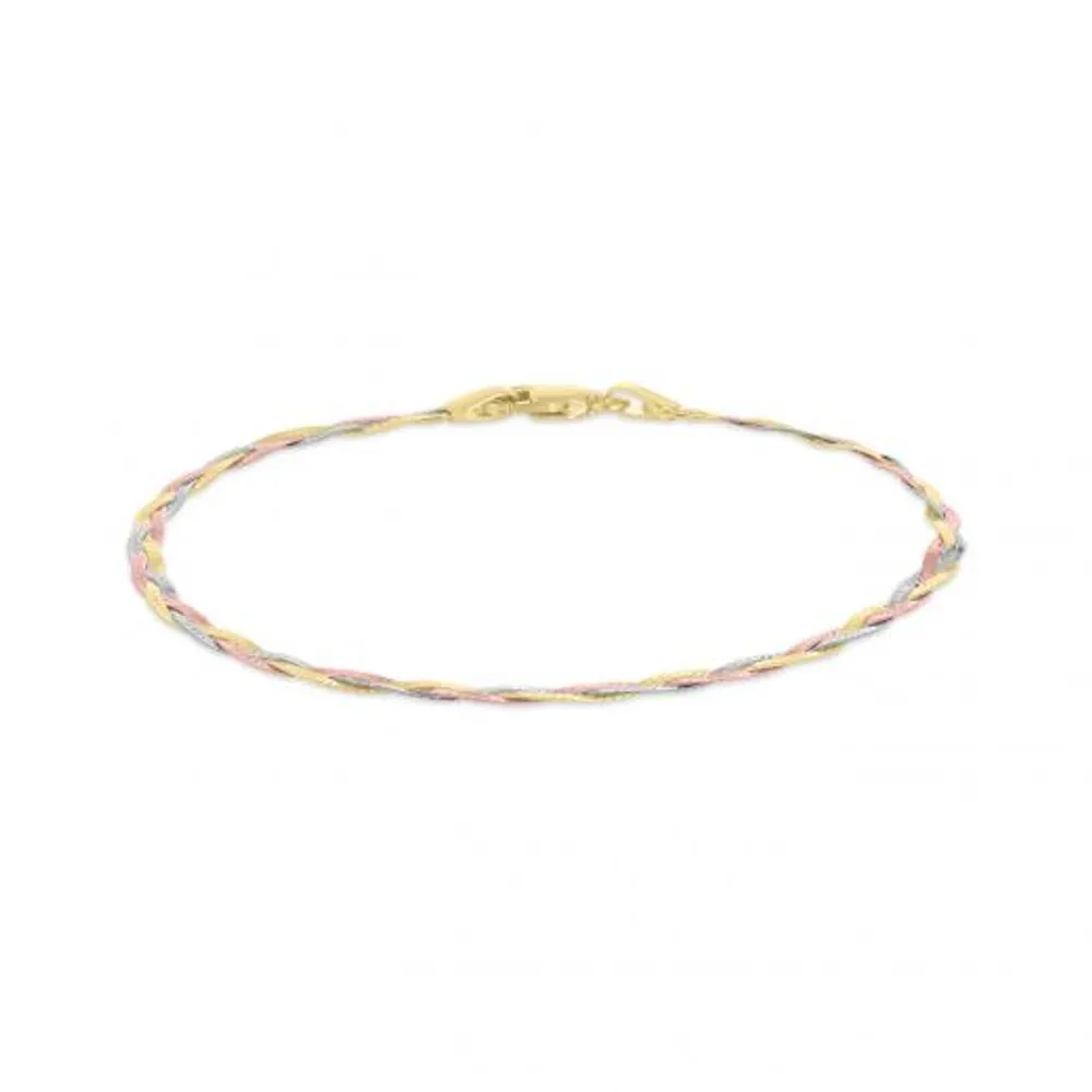 10K Tri-Colour Gold 7.5" 2.7mm Three Strands Braid Bracelet