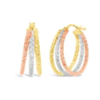 10K Tri-Colour Three Tubes Diamond-Cut Hoop Earrings