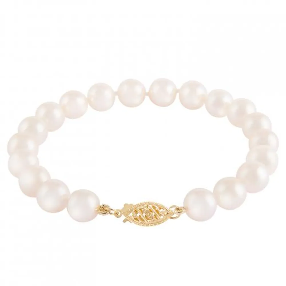 14K Yellow Gold 5-6mm White Akoya Pearl 7.25" Bracelet