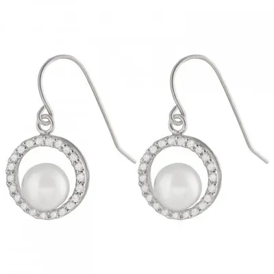 Sterling Silver 7-8mm White Button Pearl & Cubic Zirconia Earrings