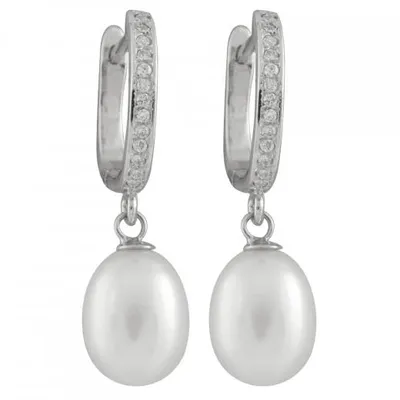 Sterling Silver 8-9mm White Freshwater Pearls & Cubic Zirconia Earrings