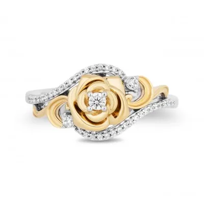 Enchanted Disney Sterling Silver 10k Yellow Gold Belle Rose 0.18CTW Diamond Ring