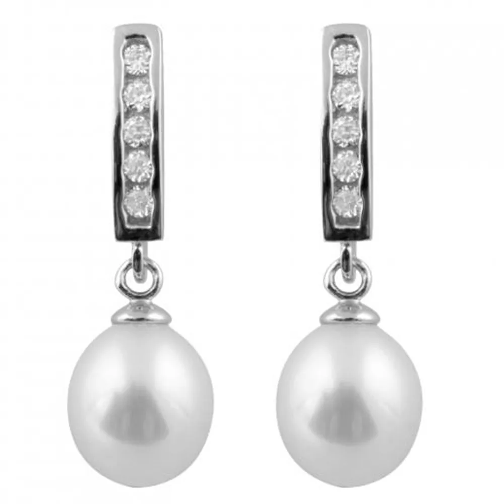 Sterling Silver 7.5-8mm White Freshwater Pearls & Cubic Zirconia Earrings