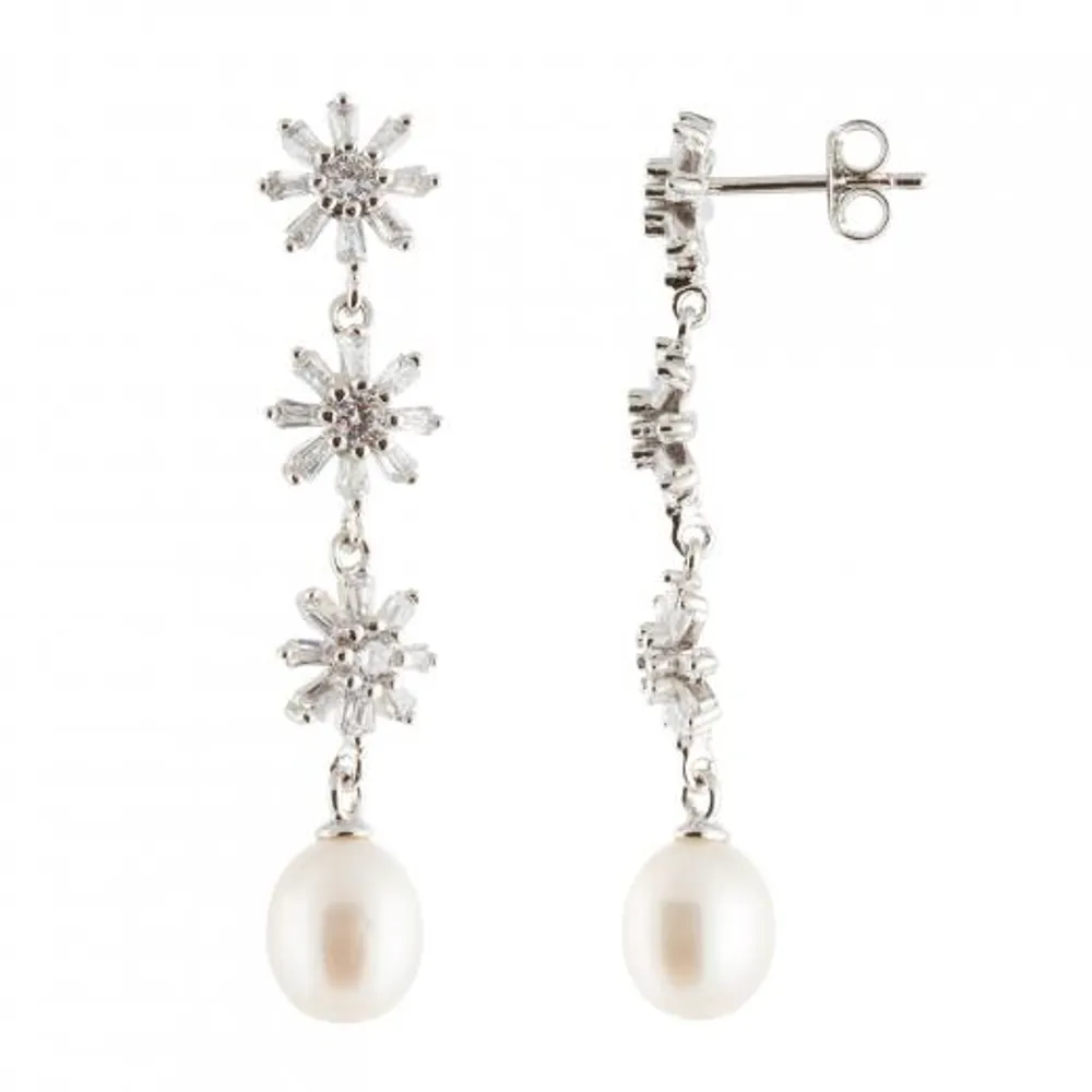 Sterling Silver 7.5-8mm Freshwater Pearls and Cubic Zirconia Earrings