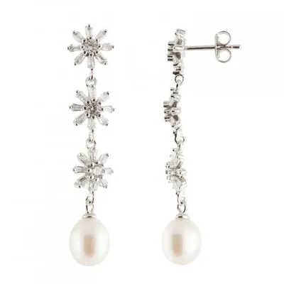 Sterling Silver 7.5-8mm Freshwater Pearls and Cubic Zirconia Earrings