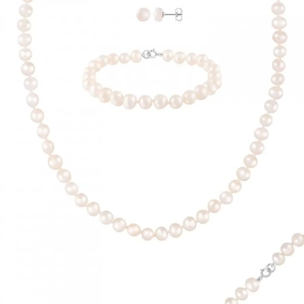 Sterling Silver 6-7mm White Freshwater Pearl Necklace, Bracelet and Earrings Set