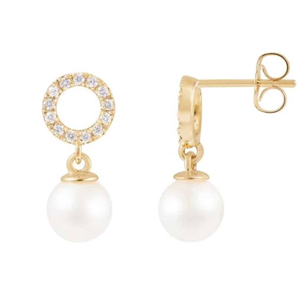 14K Yellow Gold 6.5-7mm Akoya Pearls and 0.20ctw Diamond Earrings