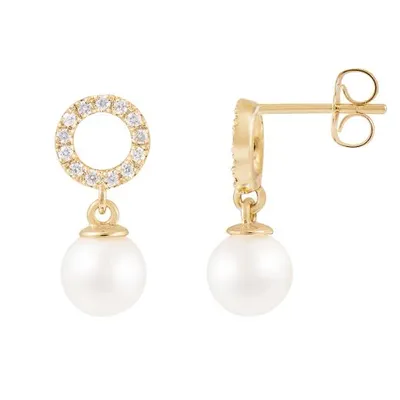 14K Yellow Gold 6.5-7mm Akoya Pearls and 0.20ctw Diamond Earrings