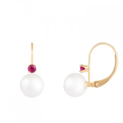 14K Yellow Gold 7-7.5mm White Freshwater Pearl and Ruby Earrings