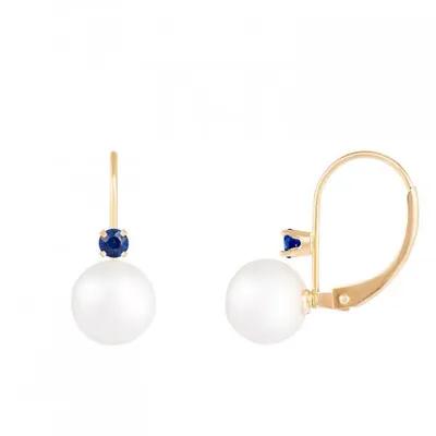 14K Yellow Gold 7-7.5mm White Freshwater Pearl and Sapphire Earrings