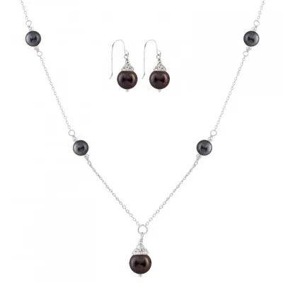 Sterling Silver Black Freshwater Pearl 18" Necklace and Earrings Set