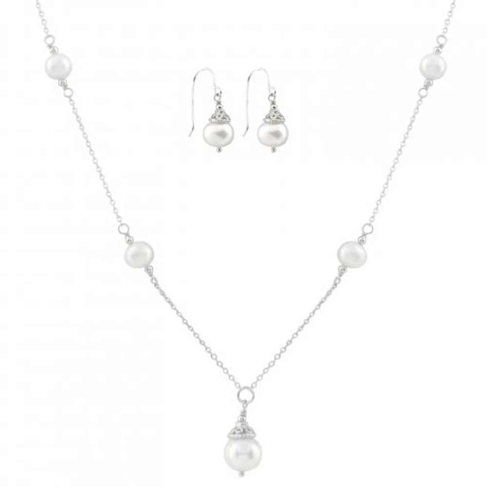 Sterling Silver White Freshwater Pearl 18" Necklace and Earrings Set