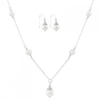 Sterling Silver White Freshwater Pearl 18" Necklace and Earrings Set
