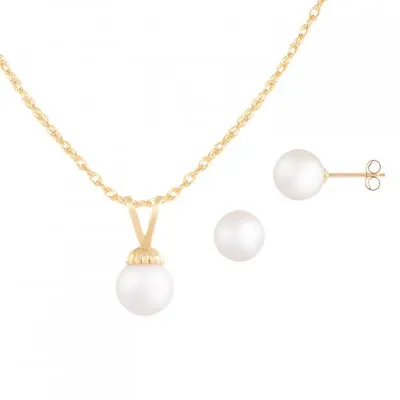 14K Yellow Gold 7-7.5mm Freshwater Pearl 2 Piece Pendant and Earring Set
