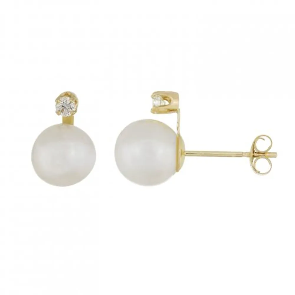 14K Yellow Gold 7-7.5mm Freshwater Pearl Stud Earrings with 0.10CTW Diamonds