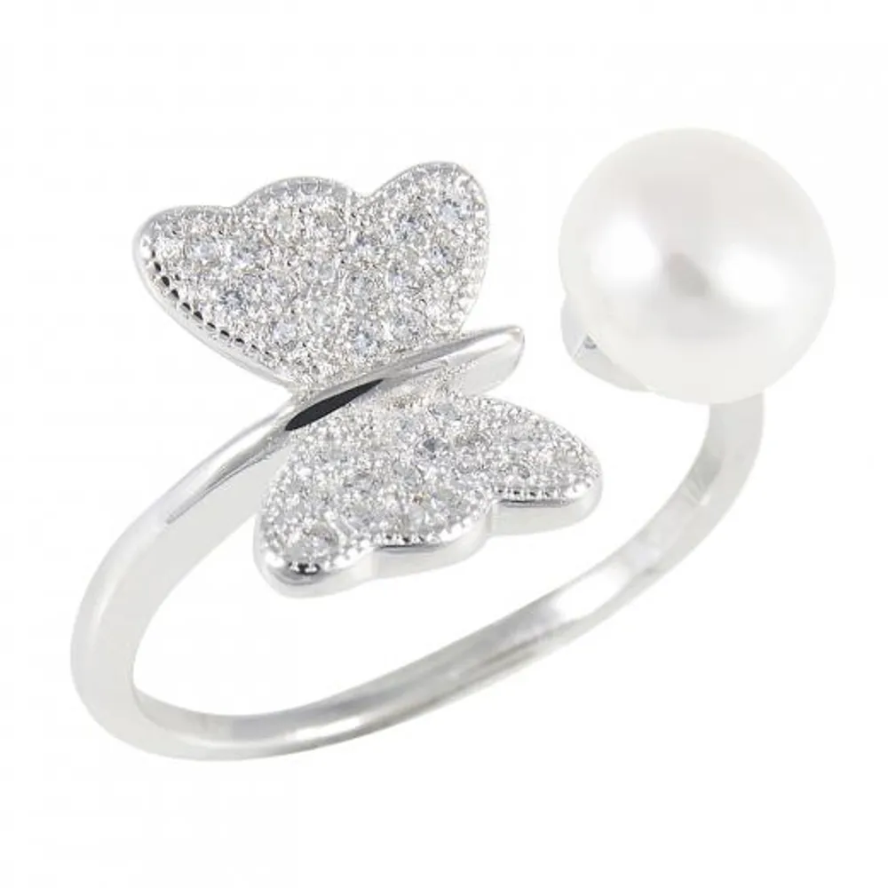 Sterling Silver 7-8mm Freshwater Pearl and Cubic Zirconia Ring