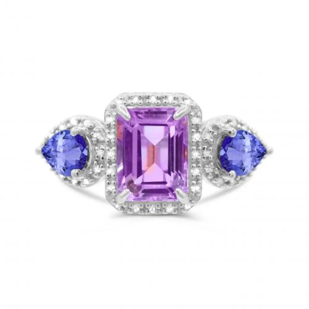 Sterling Silver Amethyst, Tanzanite & Diamond Ring