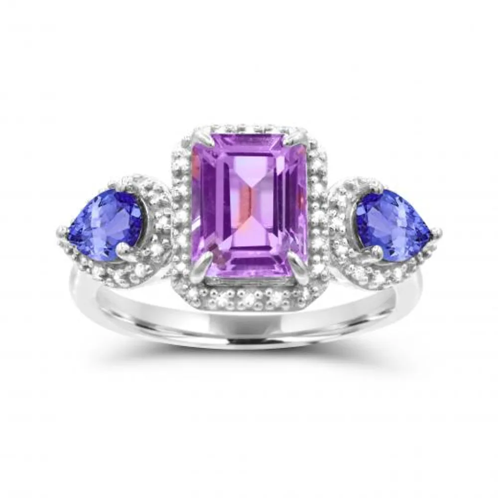 Sterling Silver Amethyst, Tanzanite & Diamond Ring