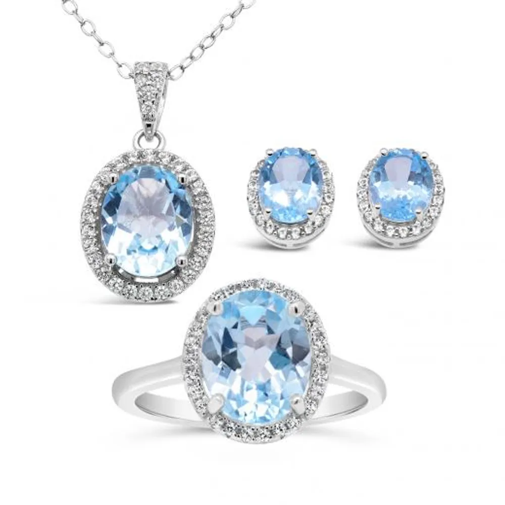 Sterling Silver Blue Topaz & Created White Sapphire 3 Piece Set