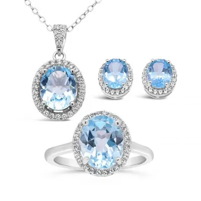 Sterling Silver Blue Topaz & Created White Sapphire 3 Piece Set
