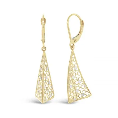 10K Yellow and White Gold 3D Triangle Dangle Earrings