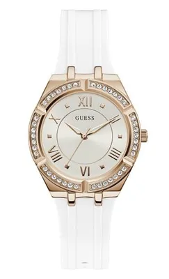 Guess Women's Rose Gold-Tone Crystal with White Silicone Strap Watch